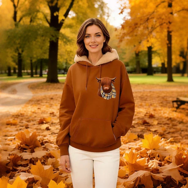 🎄🎅 WEIHNACHTSANGEBOT - 61% RABATT!! 🎁🦬Niedlicher Kapuzenpullover mit Fleece-Futter und Hochlandrindmotiv🎁