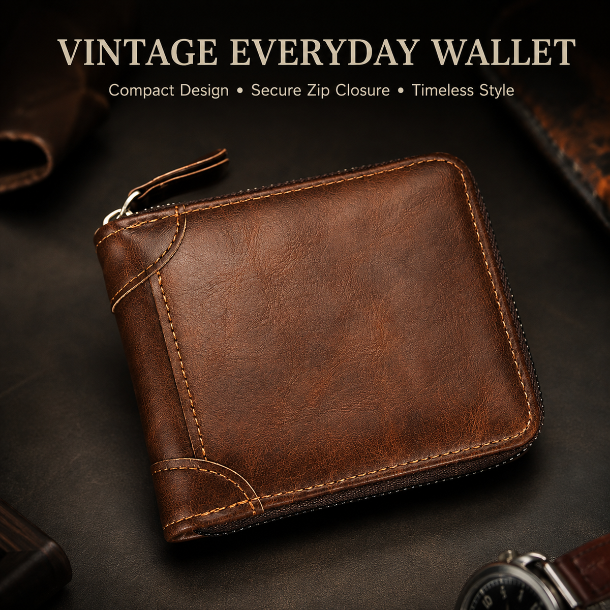 Vintage Herren Geldbörse, kurze Brieftasche mit Reißverschluss, dreifach faltbar