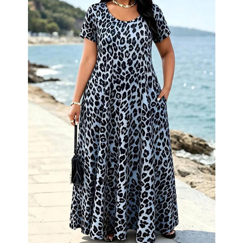 đ 50 % RABATT! đ Maxikleid fĂŒr Damen mit Leopardenmuster und Taschen, lĂ€ssiges langes Kleid mit kurzen Ărmeln â Bequem