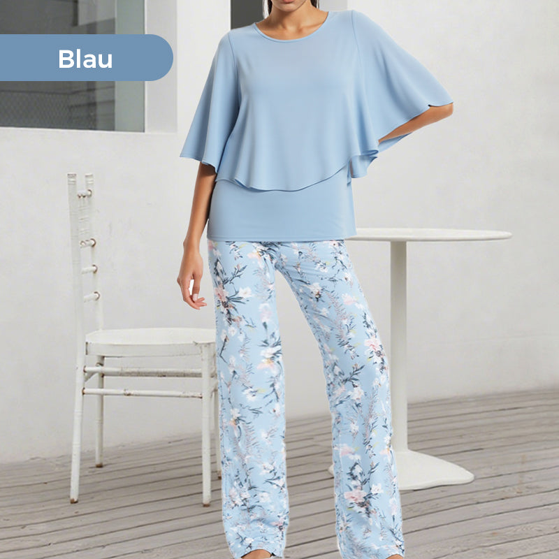 💃✨Damen-Zweiteiler: Bedruckte Hose & Oberteil mit Rundhalsausschnitt