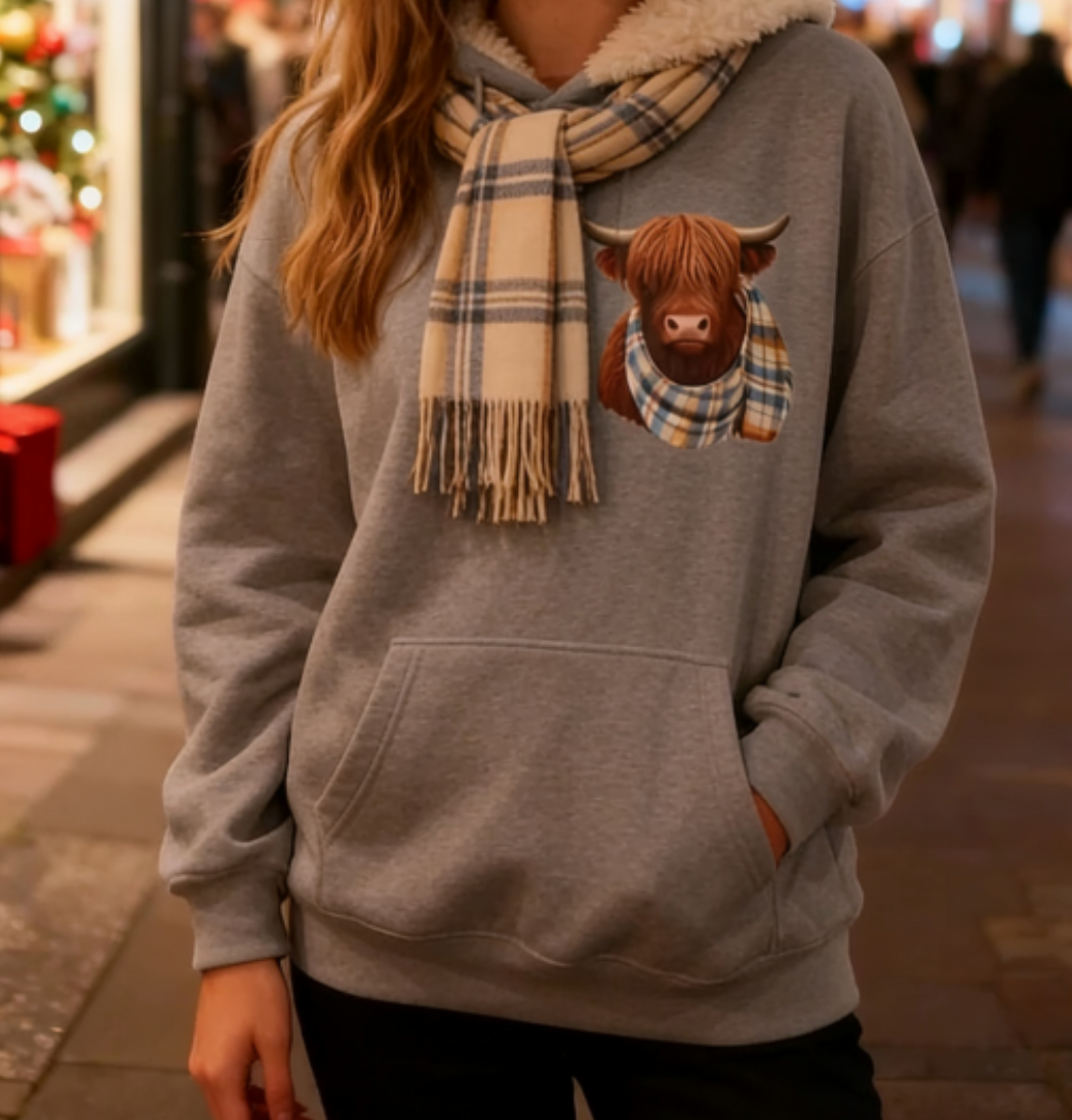 🎄🎅 WEIHNACHTSANGEBOT - 61% RABATT!! 🎁🦬Niedlicher Kapuzenpullover mit Fleece-Futter und Hochlandrindmotiv🎁
