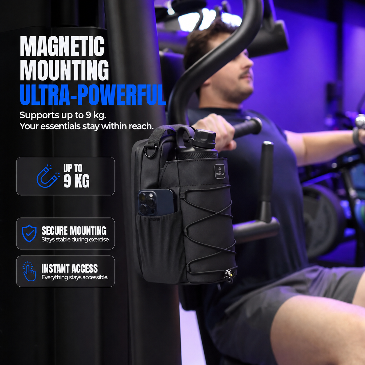 🧲Magnetische Sporttasche – für eine Tragkraft von 9 kg getestet, mit Stauraum für Trinkflasche und Handy sowie Umhängegurt