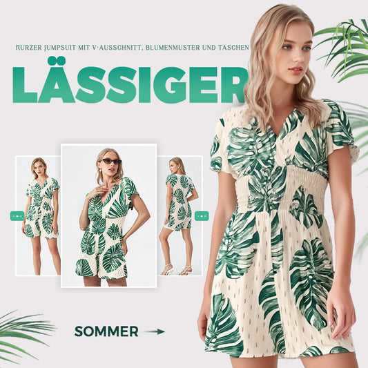 Overall mit elastischer Taille und botanischem Print für Damen
