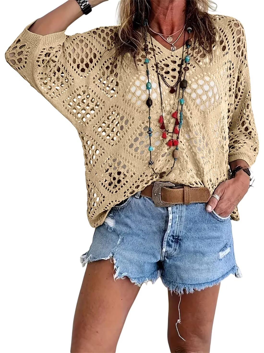 🥰💛 Beiges Häkeloberteil für Damen – Boho V-Ausschnitt, luftig & feminin ✨🤍 50 % Rabatt – ideal für Strand & Sommerlook