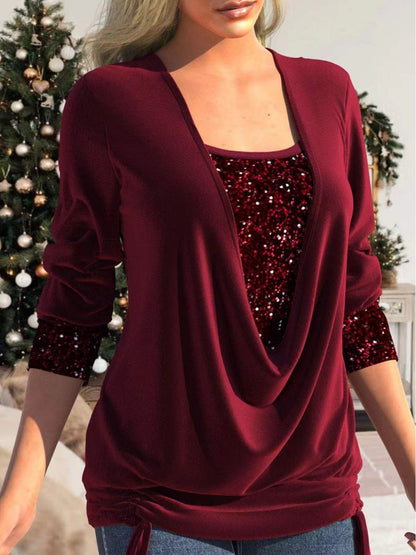 ✨ 50% RABATT JETZT! ✨ Pailletten Fake-Zweiteiler-Top - Elastisches Glitzerstoff-Design mit Raffung für festliche Anlässe 💃🎉
