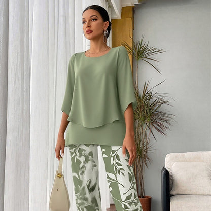 💃✨Damen-Zweiteiler: Bedruckte Hose & Oberteil mit Rundhalsausschnitt