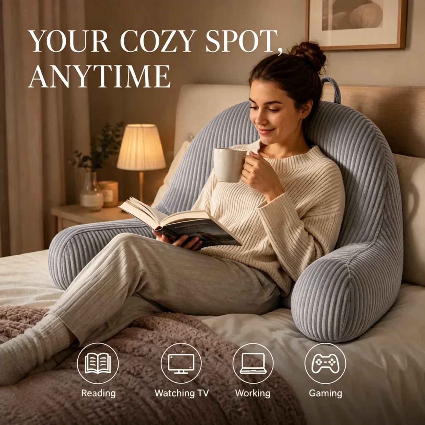 🛋️💤 50 % RABATT! Nie wieder Kissenstapel, die durchhängen! Dieses Lesekissen mit Rückenstütze, Nackenstütze und Armlehnen stützt dich wirklich – samtweich, waschbar und überall einsetzbar!