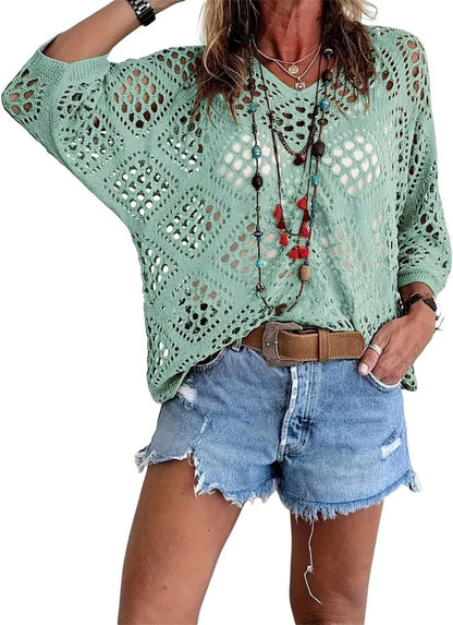 🥰💛 Beiges Häkeloberteil für Damen – Boho V-Ausschnitt, luftig & feminin ✨🤍 50 % Rabatt – ideal für Strand & Sommerlook
