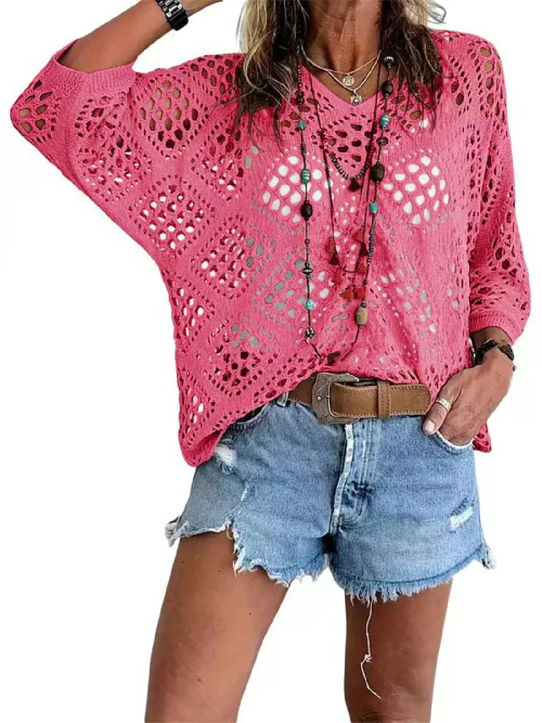 🥰💛 Beiges Häkeloberteil für Damen – Boho V-Ausschnitt, luftig & feminin ✨🤍 50 % Rabatt – ideal für Strand & Sommerlook