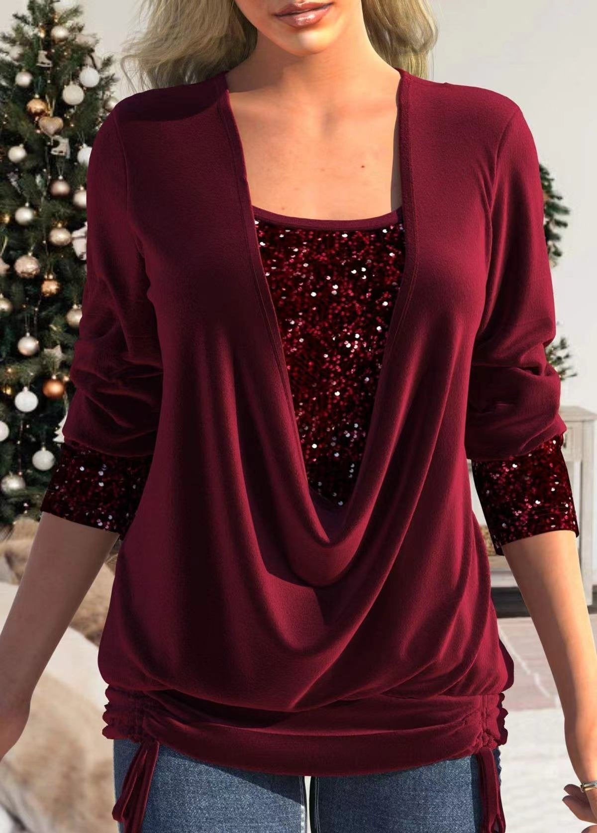 ✨ 50% RABATT JETZT! ✨ Pailletten Fake-Zweiteiler-Top - Elastisches Glitzerstoff-Design mit Raffung für festliche Anlässe 💃🎉