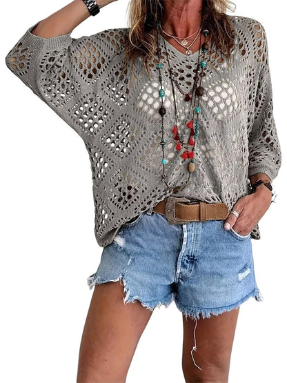 🥰💛 Beiges Häkeloberteil für Damen – Boho V-Ausschnitt, luftig & feminin ✨🤍 50 % Rabatt – ideal für Strand & Sommerlook