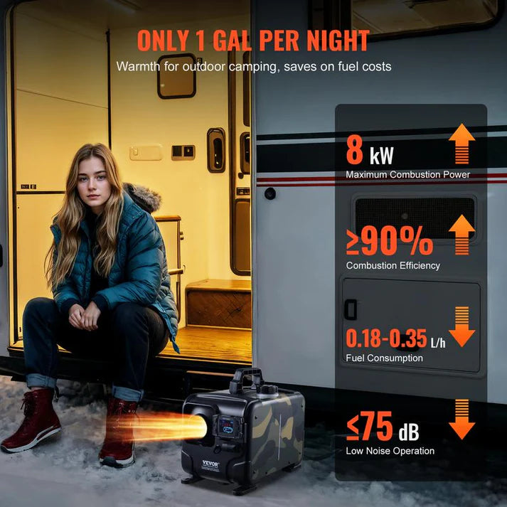 8-kW-Dieselheizung, 12 V/24 V All-in-One-Diesel-Luftheizung, Bluetooth-APP-Steuerung, Fernbedienung und Display, CO-Alarm, schnelle Beheizung