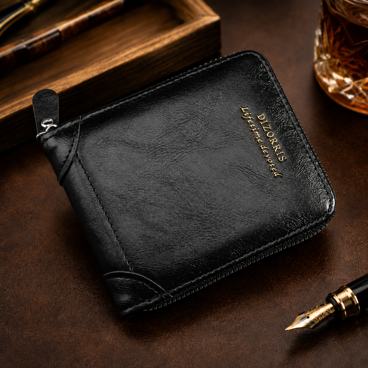 Vintage Herren Geldbörse, kurze Brieftasche mit Reißverschluss, dreifach faltbar