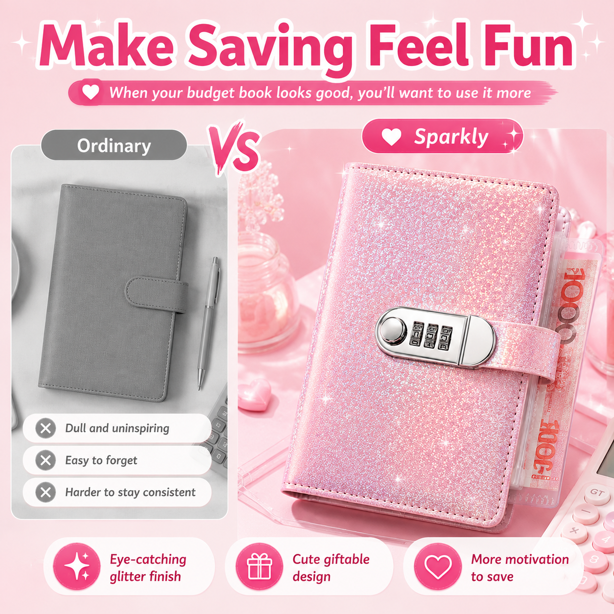 ✨ SparkleLock-Sparordner mit 3-stelligem Zahlenschloss – 100-seitiger Budget-Organizer zum Einstecken von Bargeld für Spar-Challenges, Geldziele und Geschenke 💖