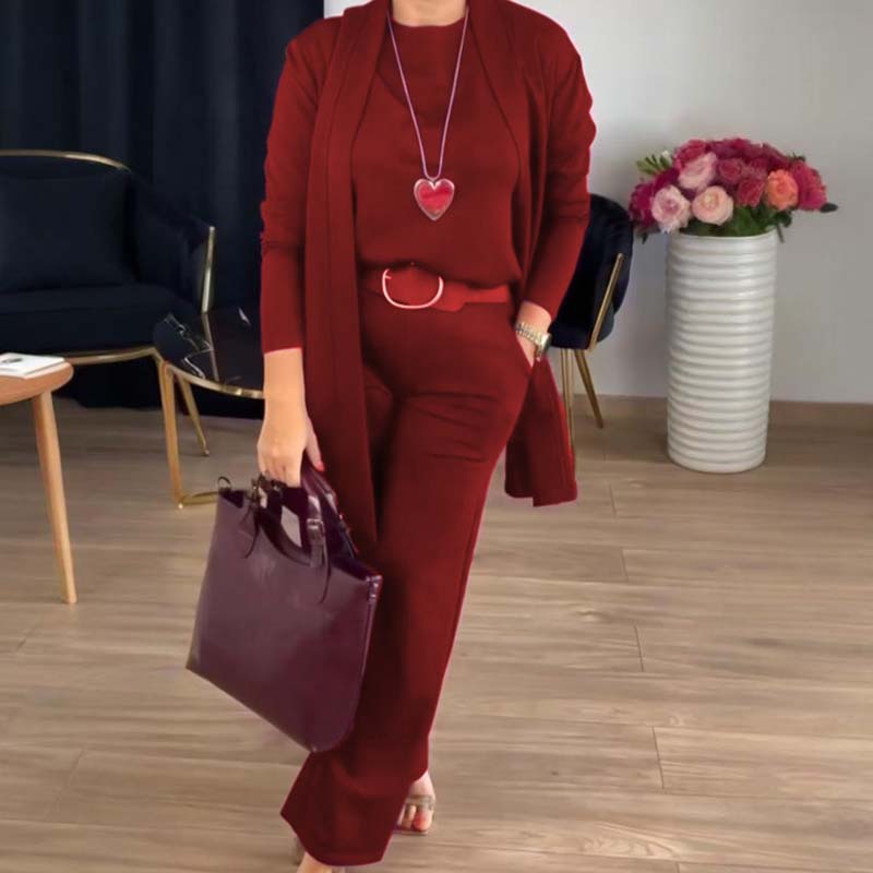 👗 59 % RABATT! ✨Elegantes 3-teiliges Set: Langer Cardigan, Oberteil und Hose