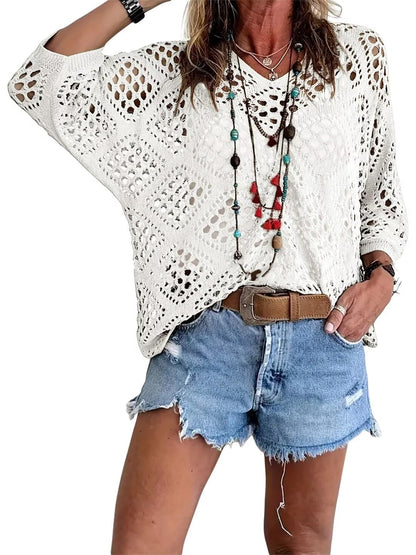 🥰💛 Beiges Häkeloberteil für Damen – Boho V-Ausschnitt, luftig & feminin ✨🤍 50 % Rabatt – ideal für Strand & Sommerlook