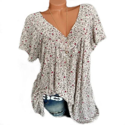 🌞Frühlingserwachen: 50% Rabatt!🌸Damen Kurzarmbluse mit Frühlingsblumenprint: V-Ausschnitt & lockere Passform – Atmungsaktiv, knitterfrei & figurschmeichelnd für Frühling & Sommer