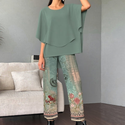 💃✨Damen-Zweiteiler: Bedruckte Hose & Oberteil mit Rundhalsausschnitt