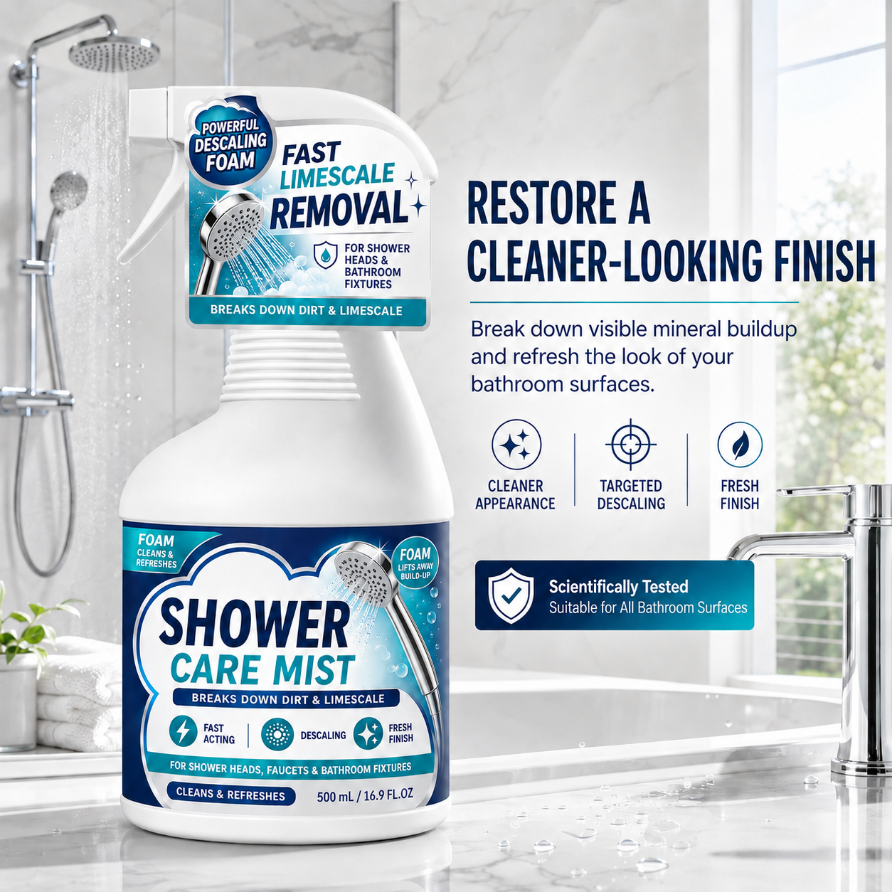 ❄️Summerfresh 50 % Rabatt!🚿Schnell wirkendes Kalkentfernungsspray für das Badezimmer – Reiniger für Dusche, Wasserhähne und Kalkablagerungen, 500 ml
