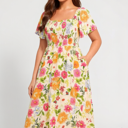 🔥Letzter Tag: 60% Rabatt!⏰🌸👗 Blumenkleid mit Raffungen, quadratischem Ausschnitt & Taschen🏖️