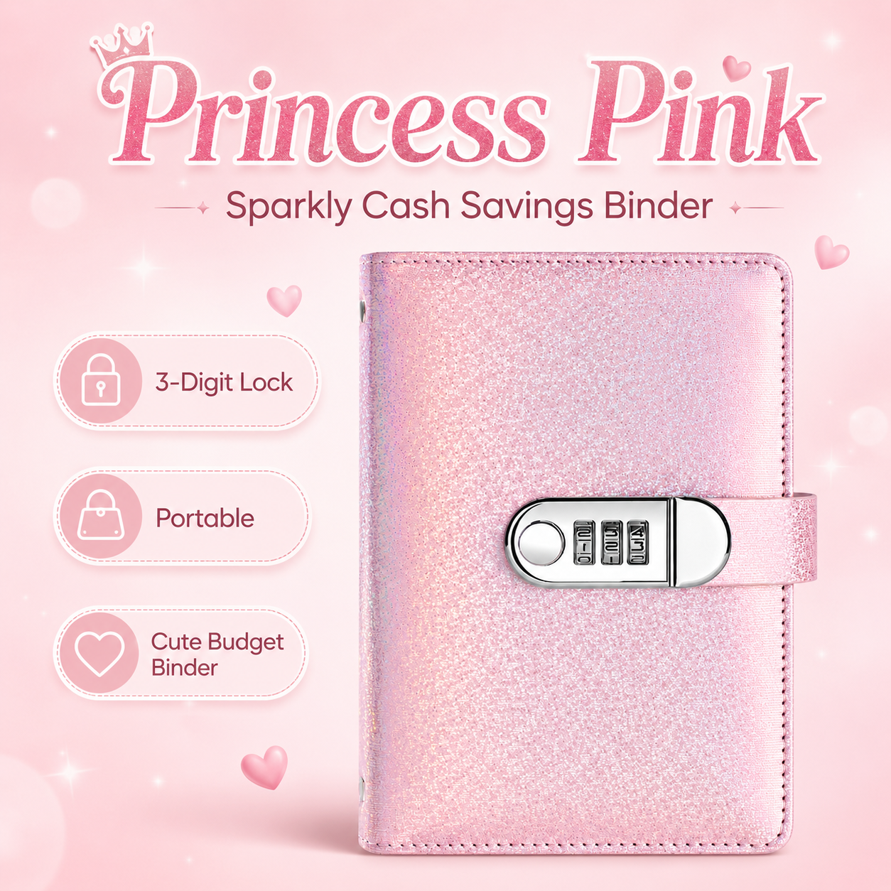 ✨ SparkleLock-Sparordner mit 3-stelligem Zahlenschloss – 100-seitiger Budget-Organizer zum Einstecken von Bargeld für Spar-Challenges, Geldziele und Geschenke 💖