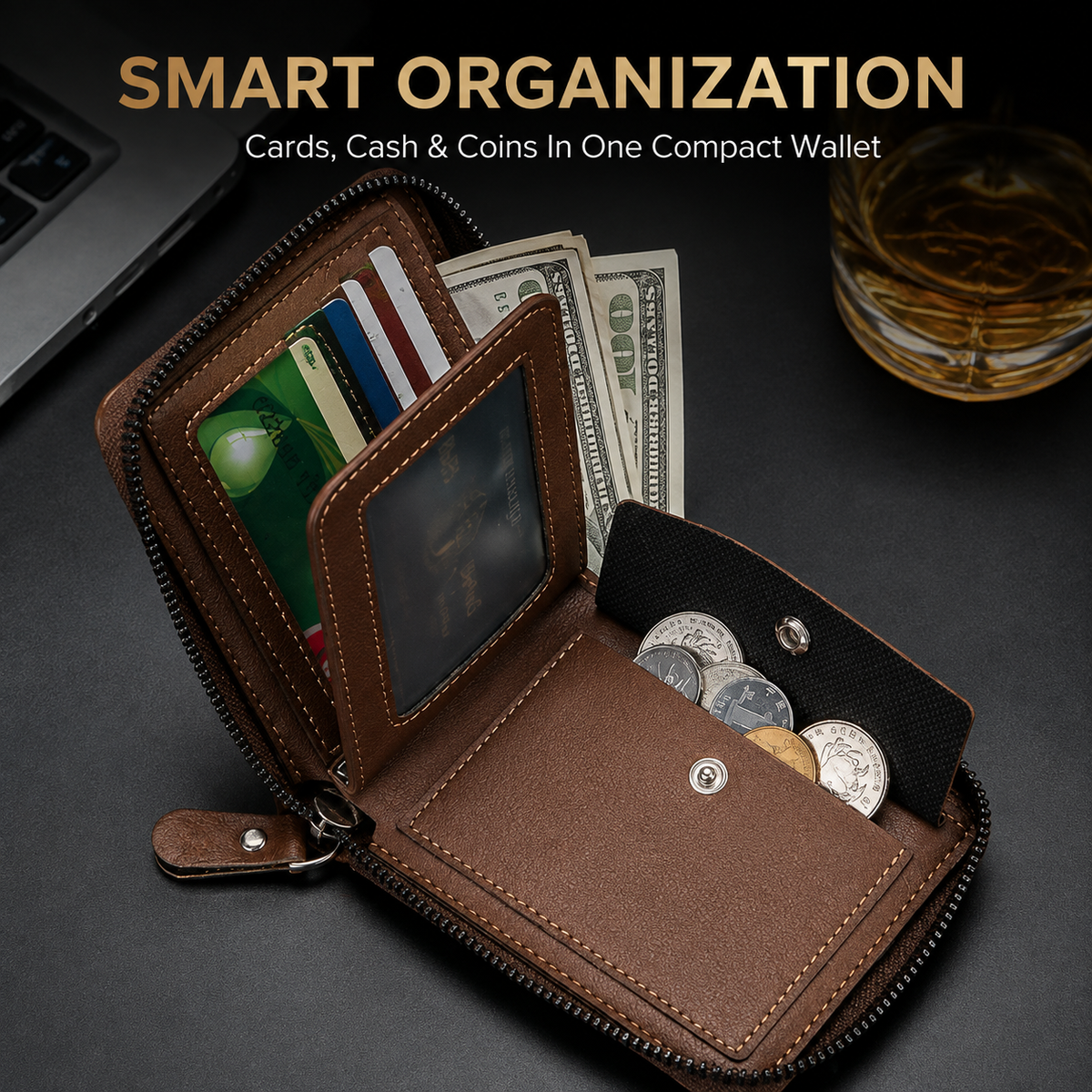 Vintage Herren Geldbörse, kurze Brieftasche mit Reißverschluss, dreifach faltbar