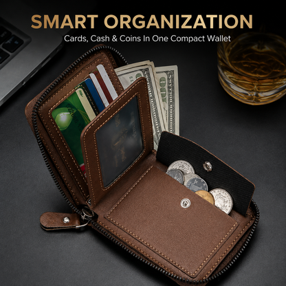 Vintage Herren Geldbörse, kurze Brieftasche mit Reißverschluss, dreifach faltbar