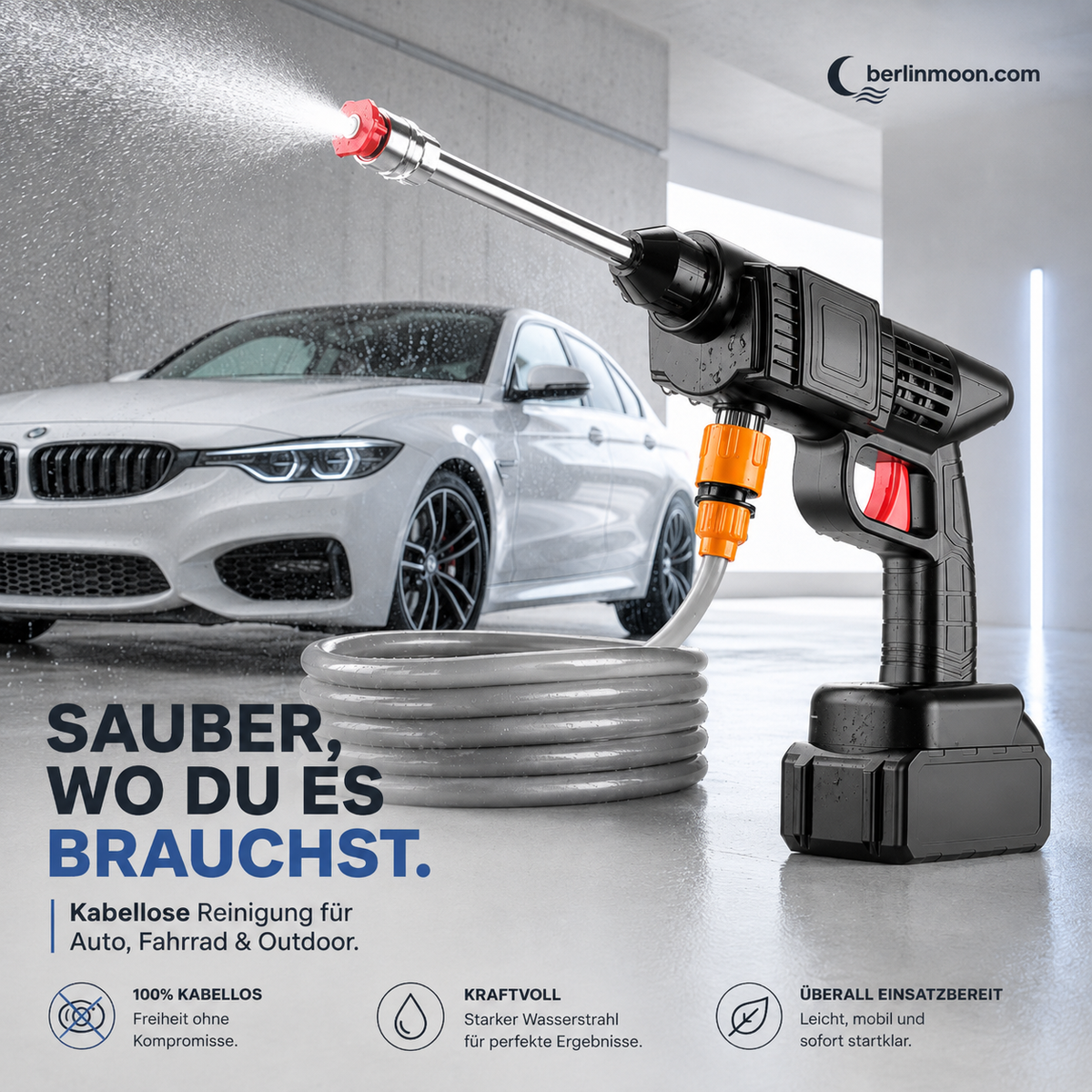 🚗 💦 Akku Hochdruckreiniger 30bar – 2X3000mAh, 180° Verstellbare Düse & 5m Schlauch für Auto, Terrasse und Bewässerung 🔋