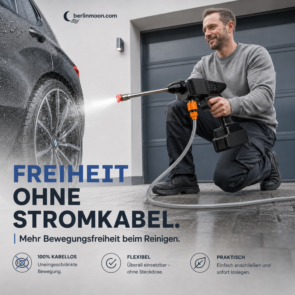 🚗 💦 Akku Hochdruckreiniger 30bar – 2X3000mAh, 180° Verstellbare Düse & 5m Schlauch für Auto, Terrasse und Bewässerung 🔋
