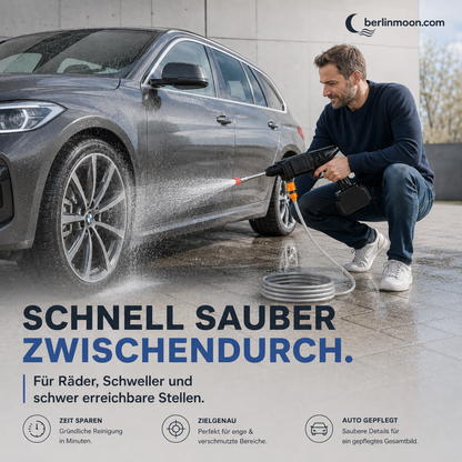 🚗 💦 Akku Hochdruckreiniger 30bar – 2X3000mAh, 180° Verstellbare Düse & 5m Schlauch für Auto, Terrasse und Bewässerung 🔋