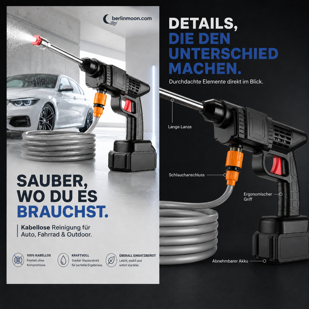 🚗 💦 Akku Hochdruckreiniger 30bar – 2X3000mAh, 180° Verstellbare Düse & 5m Schlauch für Auto, Terrasse und Bewässerung 🔋