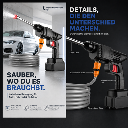 🚗 💦 Akku Hochdruckreiniger 30bar – 2X3000mAh, 180° Verstellbare Düse & 5m Schlauch für Auto, Terrasse und Bewässerung 🔋