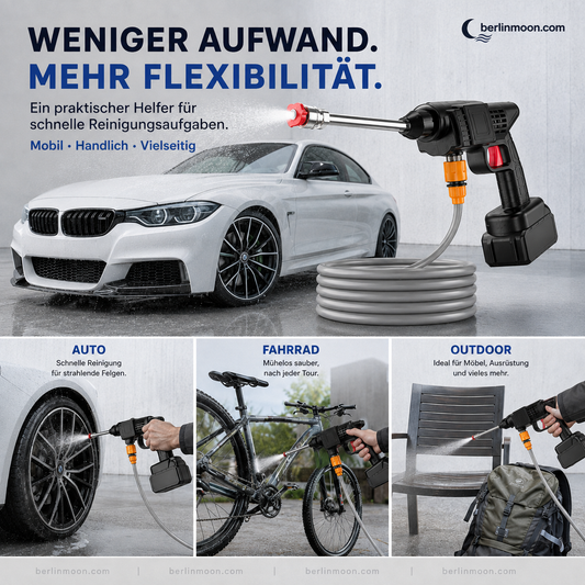 🚗 💦 Akku Hochdruckreiniger 30bar – 2X3000mAh, 180° Verstellbare Düse & 5m Schlauch für Auto, Terrasse und Bewässerung 🔋