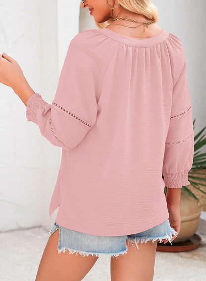 👚Lässige Damen-T-Shirts mit 3/4-Lantern-Ärmeln und V-Ausschnitt; plissierte, locker sitzende Bluse mit Aussparungen