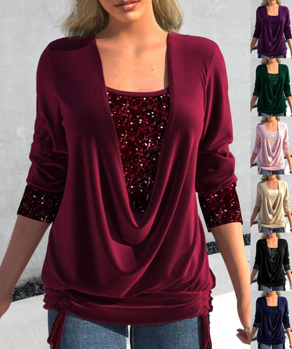 ✨ 50% RABATT JETZT! ✨ Pailletten Fake-Zweiteiler-Top - Elastisches Glitzerstoff-Design mit Raffung für festliche Anlässe 💃🎉