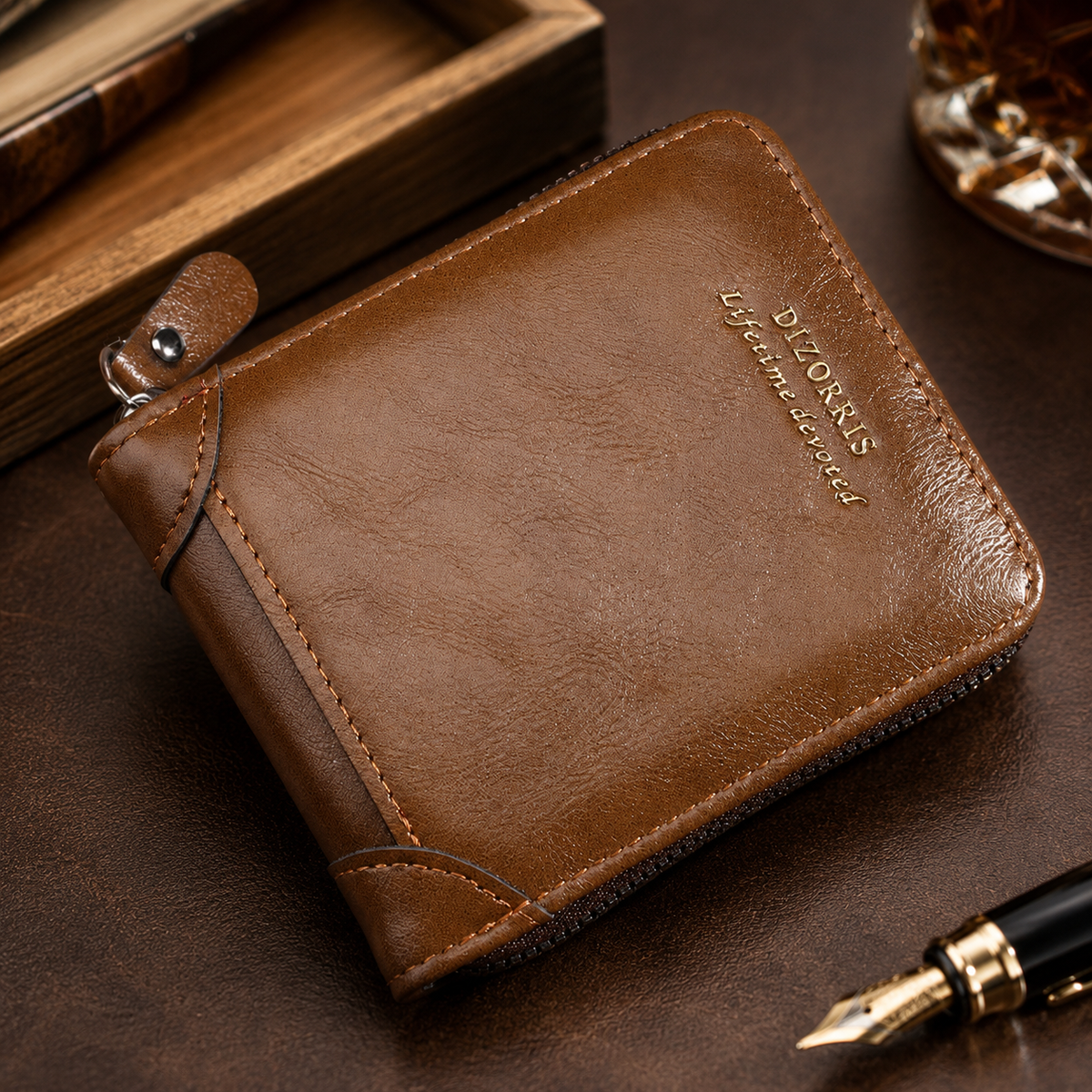 Vintage Herren Geldbörse, kurz, mit durchgehendem Reißverschluss und dreiteiligem Design