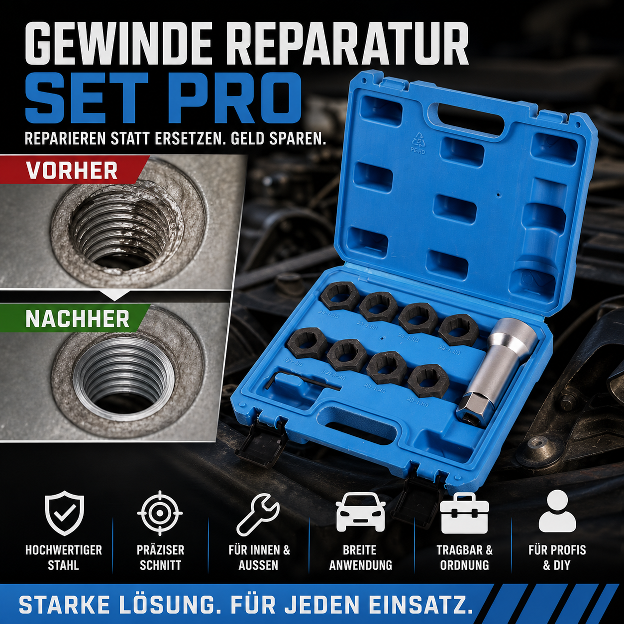 🔧 50% RABATT! 10-teiliges Reparaturwerkzeugset für Schraubgewinde im Kfz-Bereich – Schnelle Instandsetzung defekter Gewinde – Ideal für Werkstätten & Heimwerker ✨