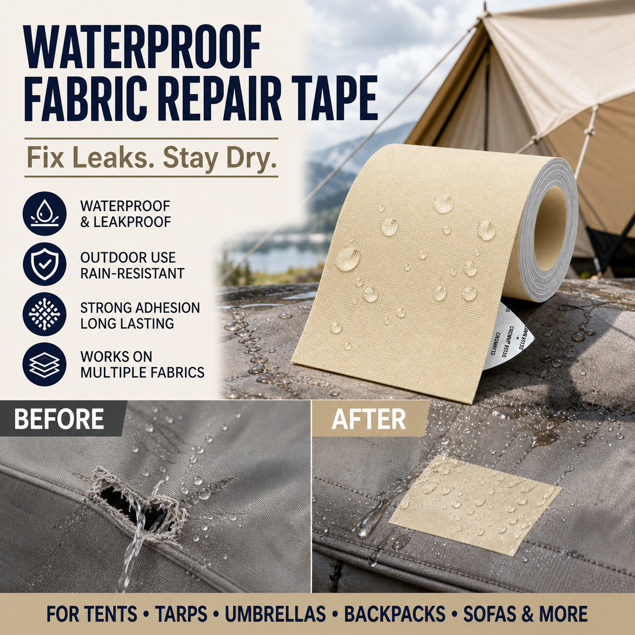 ⛺ JETZT 50 % RABATT! ✨ Selbstklebender Reparaturflicken für Planen, wasserdichtes Reparaturband aus Stoff, regenfest und mit starker Klebekraft für Zelte, Planen, Rucksäcke und Regenschirme