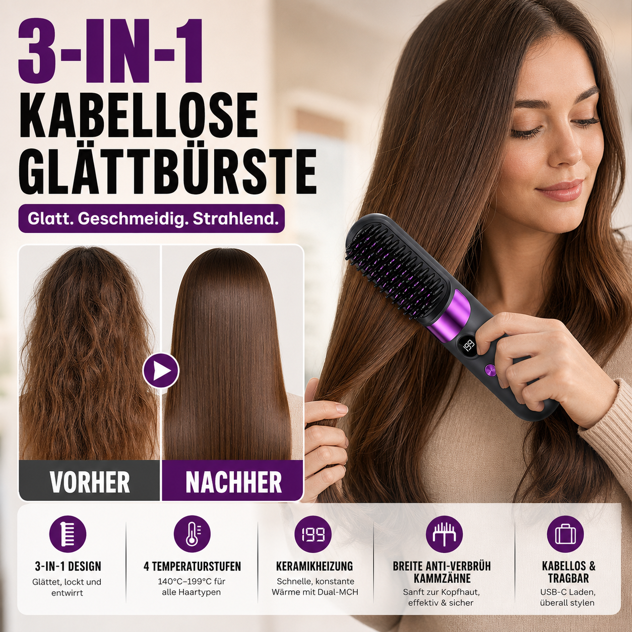 🔥 Heute -50 %! 💇‍♀️ 3-in-1 Kabellose Glättungsbürste