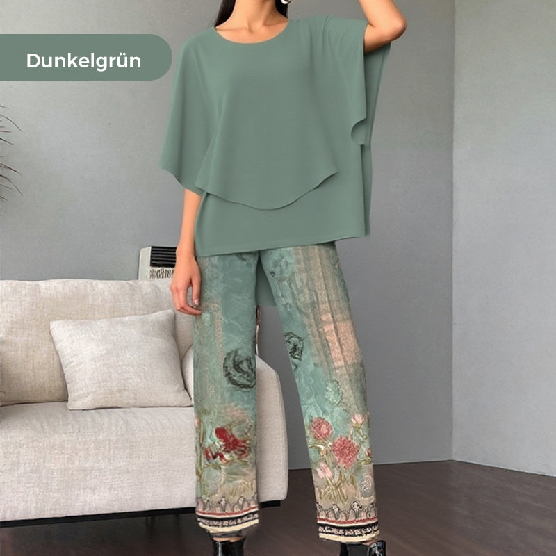 💃✨Damen-Zweiteiler: Bedruckte Hose & Oberteil mit Rundhalsausschnitt