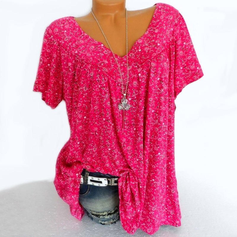 🌞Frühlingserwachen: 50% Rabatt!🌸Damen Kurzarmbluse mit Frühlingsblumenprint: V-Ausschnitt & lockere Passform – Atmungsaktiv, knitterfrei & figurschmeichelnd für Frühling & Sommer