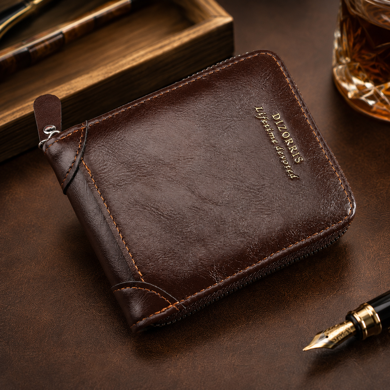 Vintage Herren Geldbörse, kurze Brieftasche mit Reißverschluss, dreifach faltbar