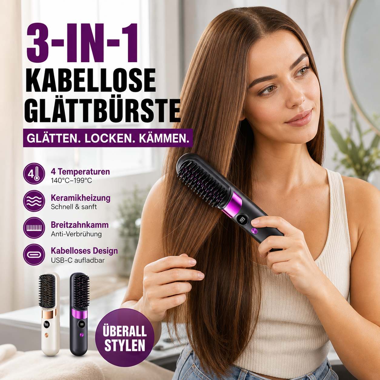 🔥 Heute -50 %! 💇‍♀️ 3-in-1 Kabellose Glättungsbürste