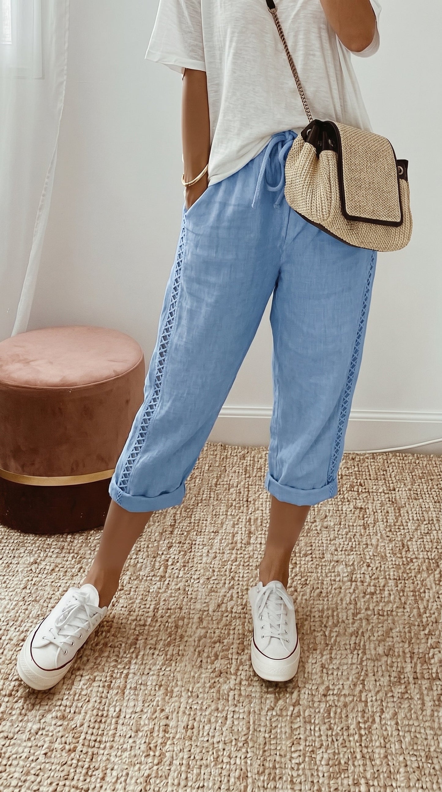 🌿 Damen Capri-Sommerhose mit Spitzendetails – Bequem, luftig & mit elastischem Bund!