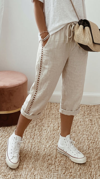 🌿 Damen Capri-Sommerhose mit Spitzendetails – Bequem, luftig & mit elastischem Bund!