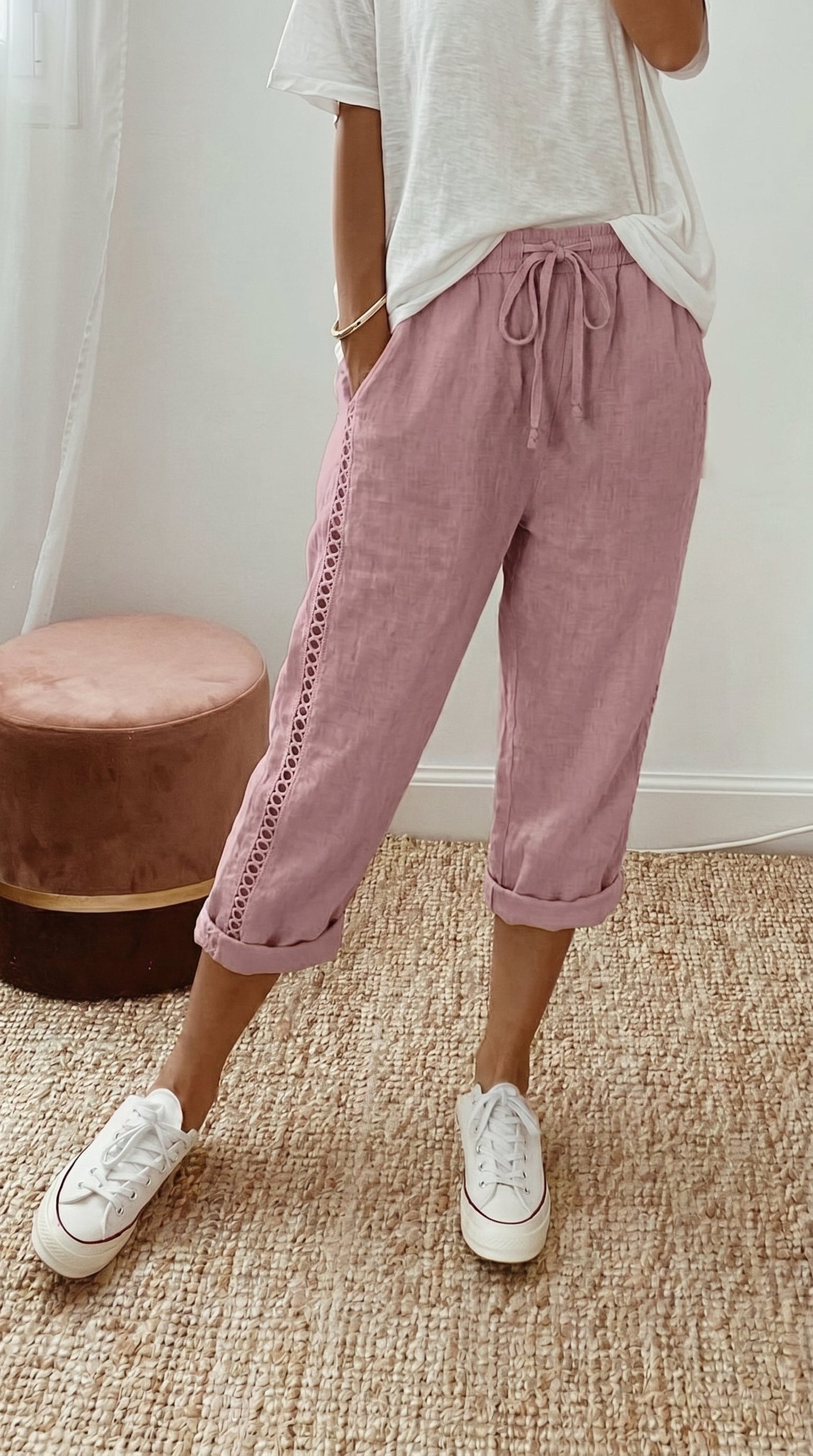🌿 Damen Capri-Sommerhose mit Spitzendetails – Bequem, luftig & mit elastischem Bund!