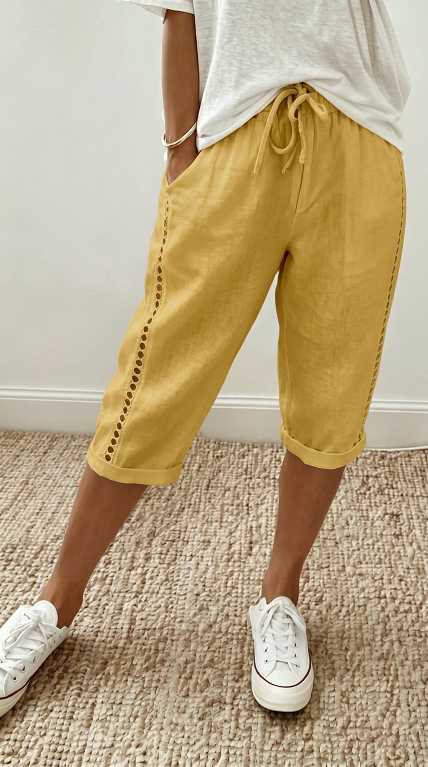 🌿 Damen Capri-Sommerhose mit Spitzendetails – Bequem, luftig & mit elastischem Bund!