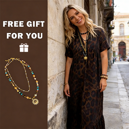 💞Neuankunft 50% Rabatt👗Damen V-Ausschnitt Leopard Druck Maxi Kleid mit kostenloser Halskette📿💎