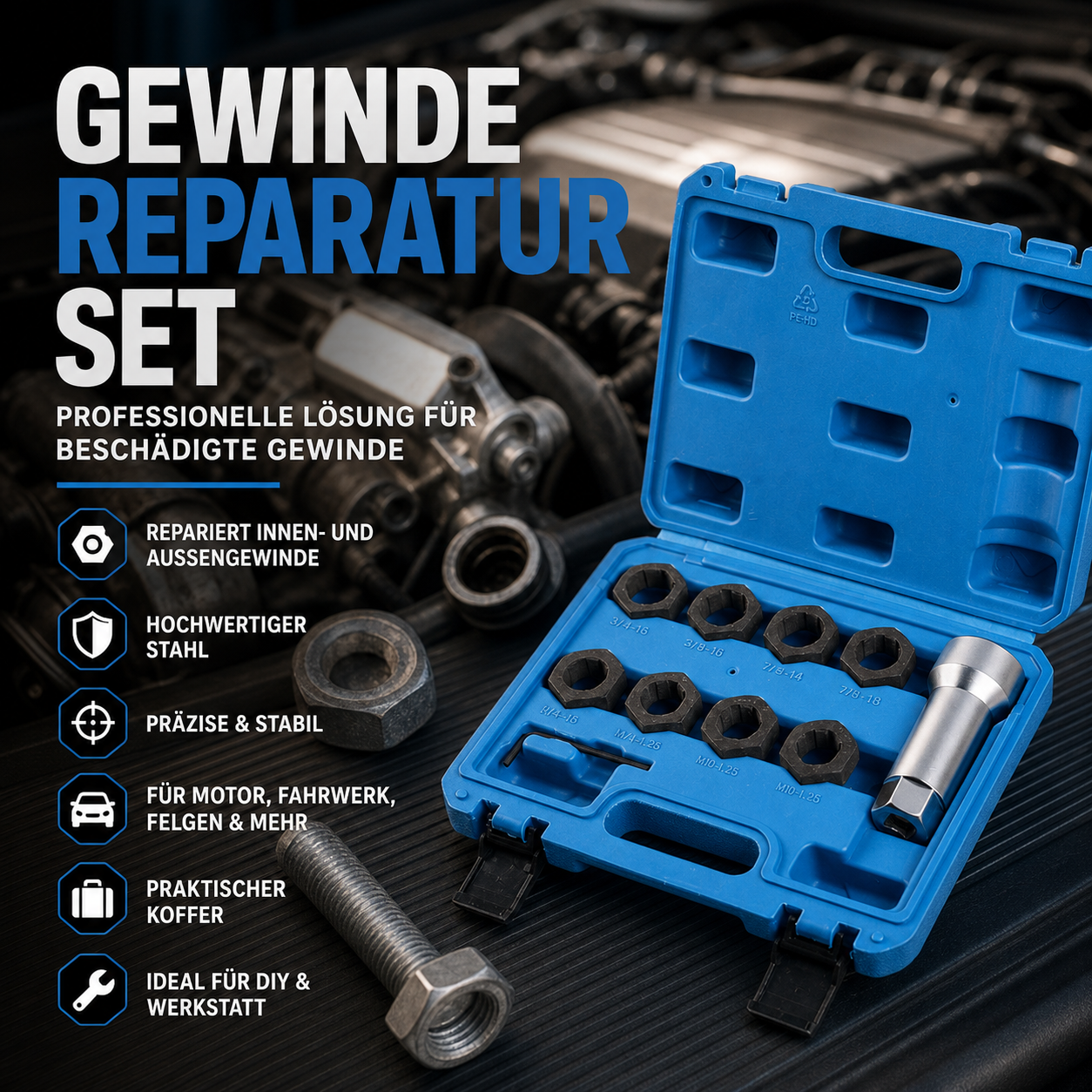 🔧 50% RABATT! 10-teiliges Reparaturwerkzeugset für Schraubgewinde im Kfz-Bereich – Schnelle Instandsetzung defekter Gewinde – Ideal für Werkstätten & Heimwerker ✨