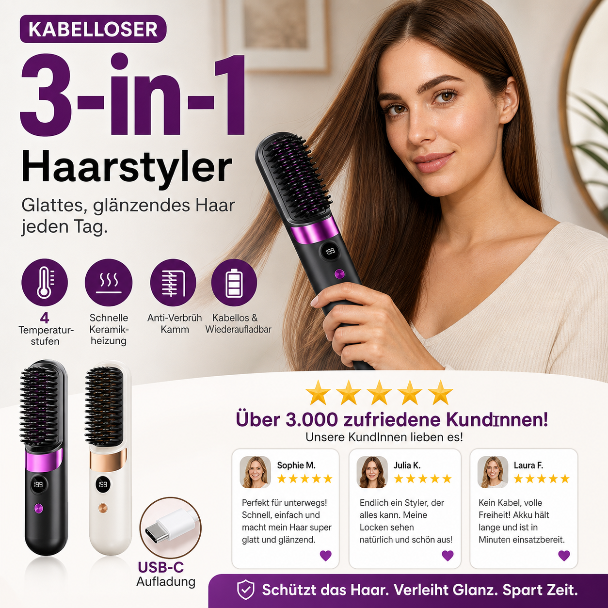 🔥 Heute -50 %! 💇‍♀️ 3-in-1 Kabellose Glättungsbürste